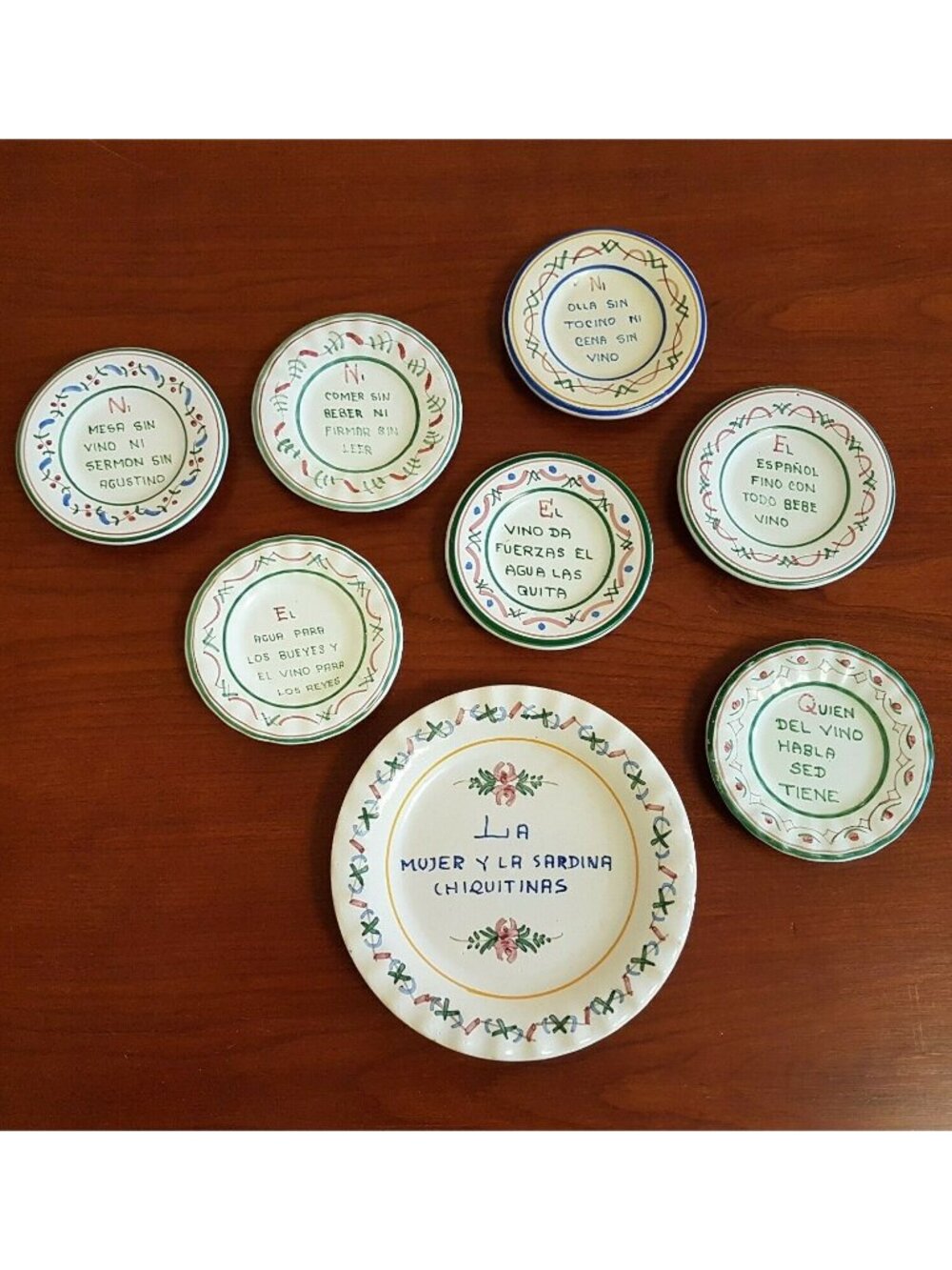SPANISH POTTERY Wall Plates Set 8 Hand Painted Wine Sayings Folk Art Rustic Deco